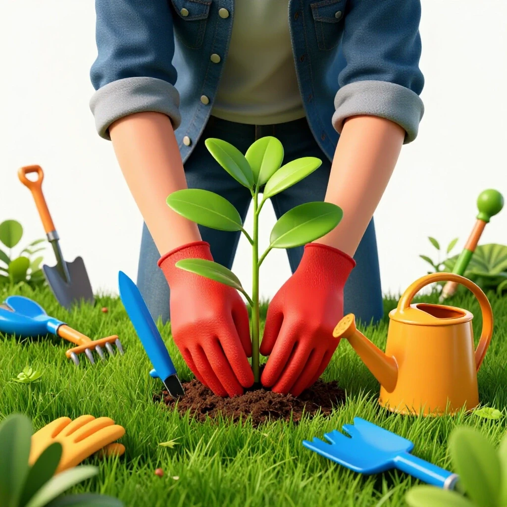 A pair of hands planting a sapling in bright green grass, surrounded by colorful gardening tools and vibrant outdoor elements.