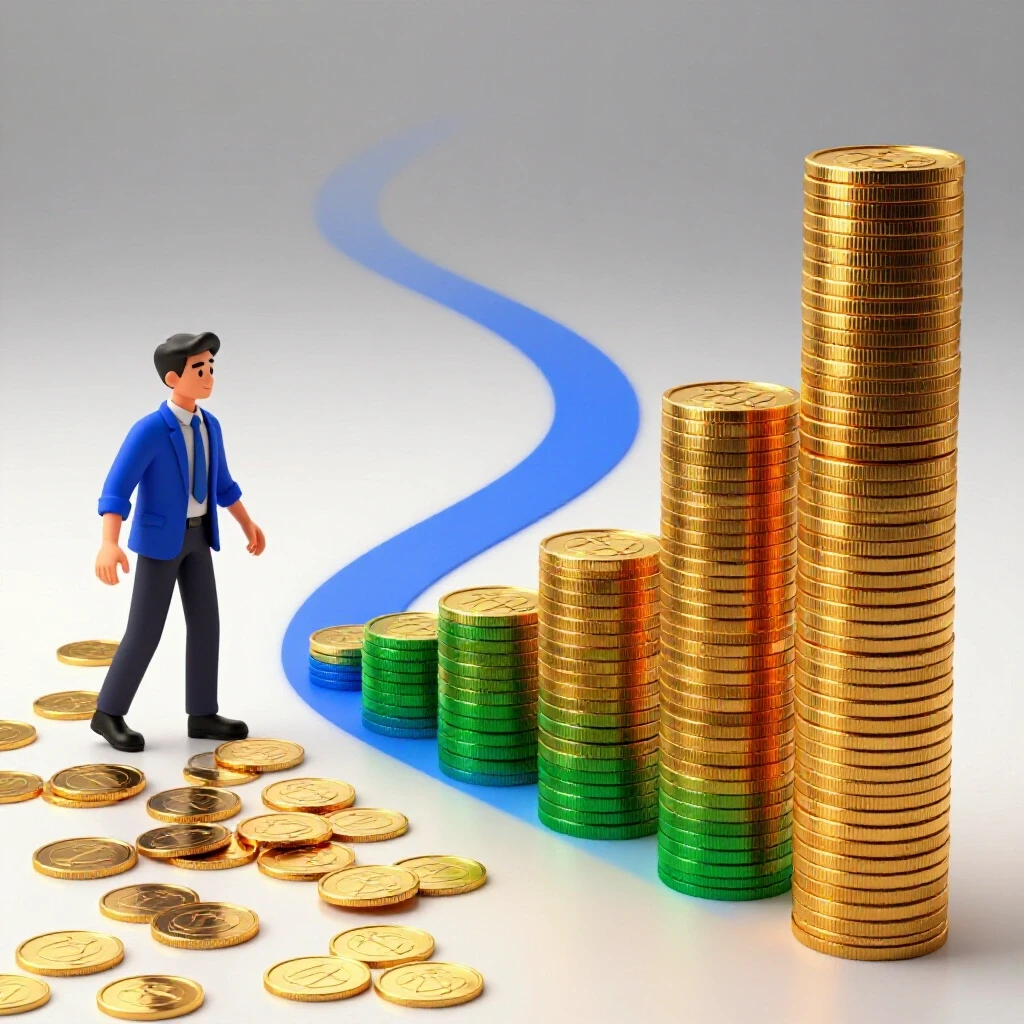 Career earnings path with coins turning into gold stacks on a bright background, showing pay growth.