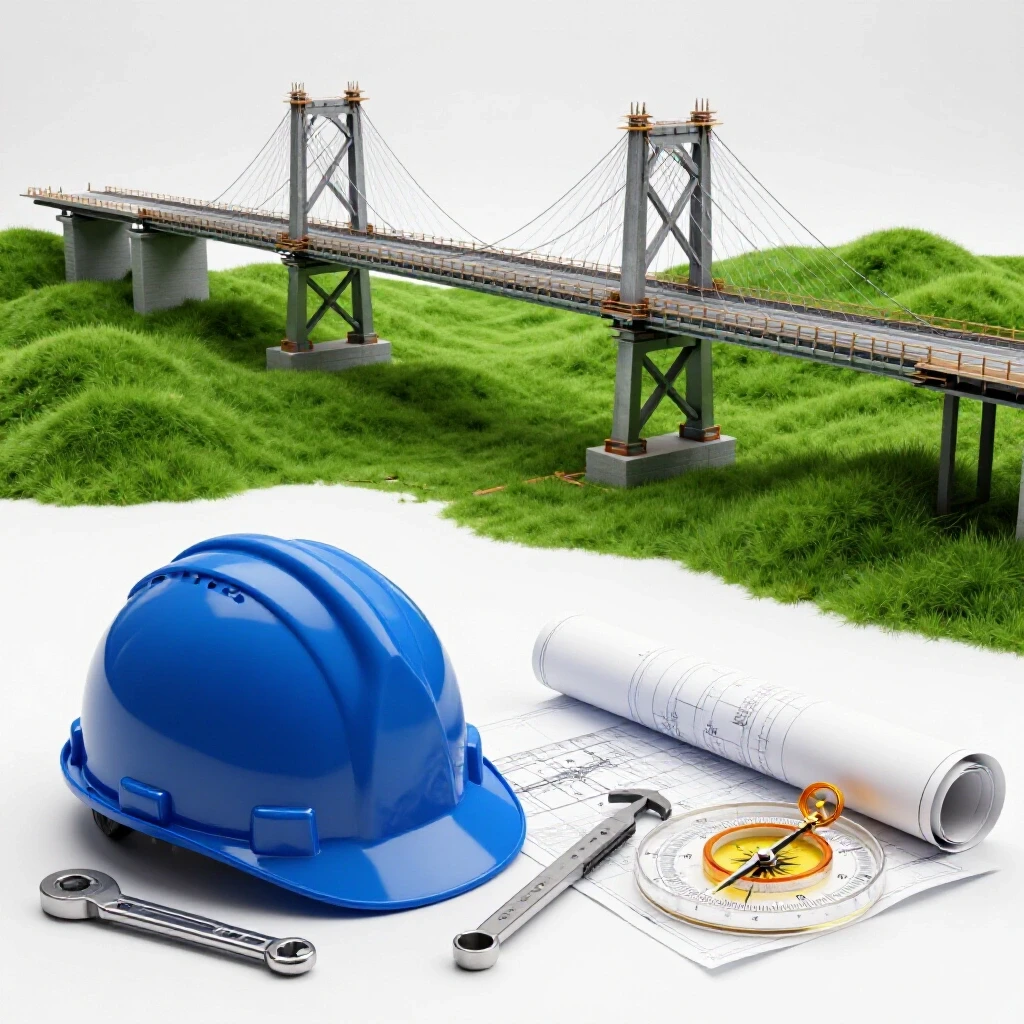 Glossy engineering tools and a hard hat on a vivid green landscape with a sunlit bridge under construction, symbolizing the PE license journey.