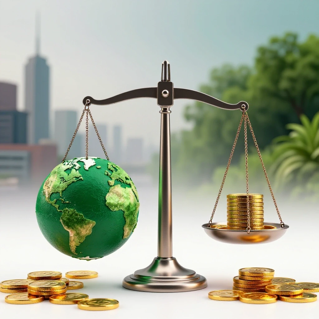 Metallic scale balancing a lush green globe and stacks of coins with transitioning industry-to-nature background.