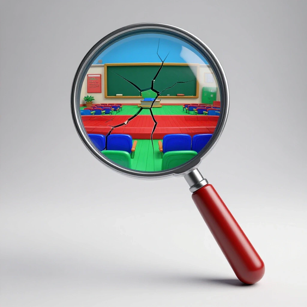 Magnifying glass revealing deep cracks dividing colorful classroom landscape on bright white background