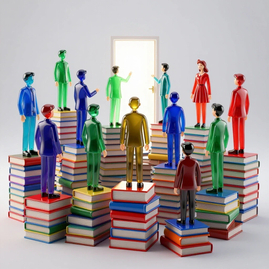 Diverse student figures of vivid colors on uneven book stacks reaching toward a glowing open door of opportunity.