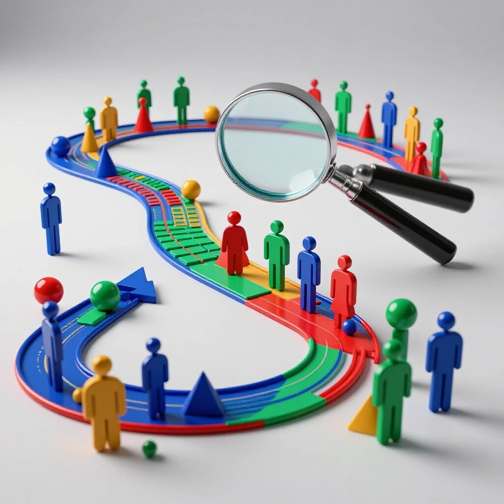 Colorful student-shaped figures stand on a winding path of data charts, highlighted by a magnifying glass showing subtle differences.