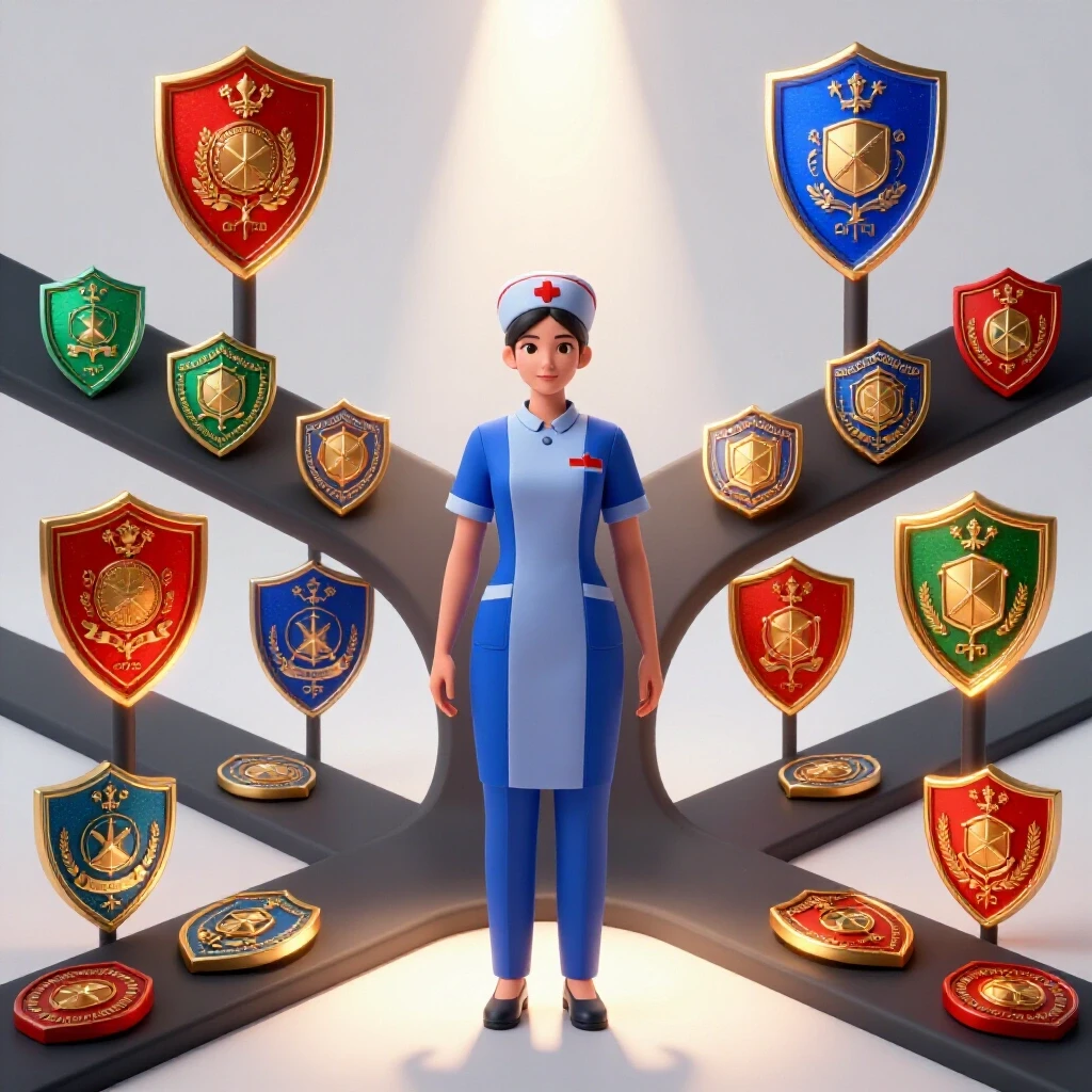 A nurse's uniform at a crossroads surrounded by glowing certification badges on a bright white background.