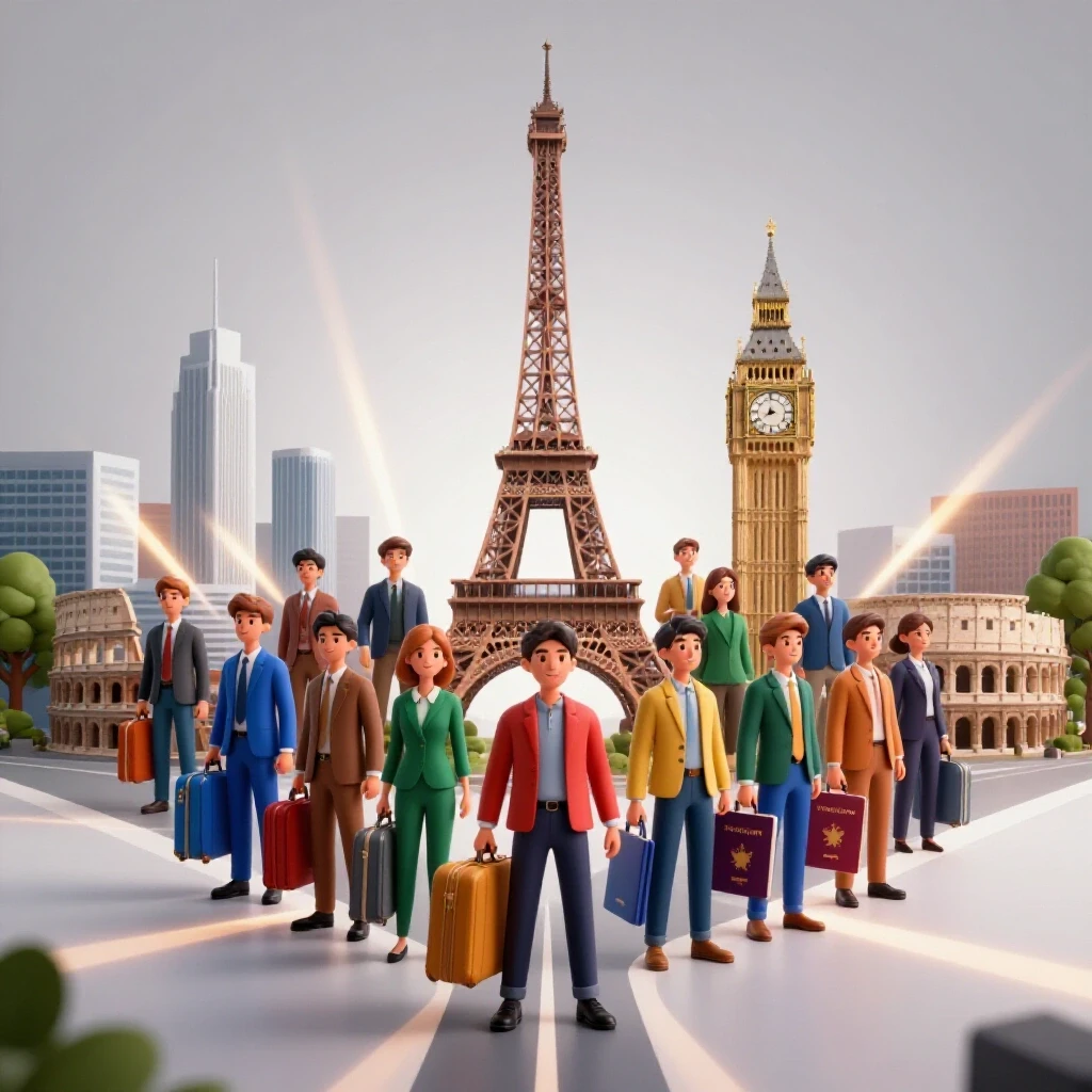 Diverse glowing suitcases at crossroads of world landmarks with connecting light rays to universities