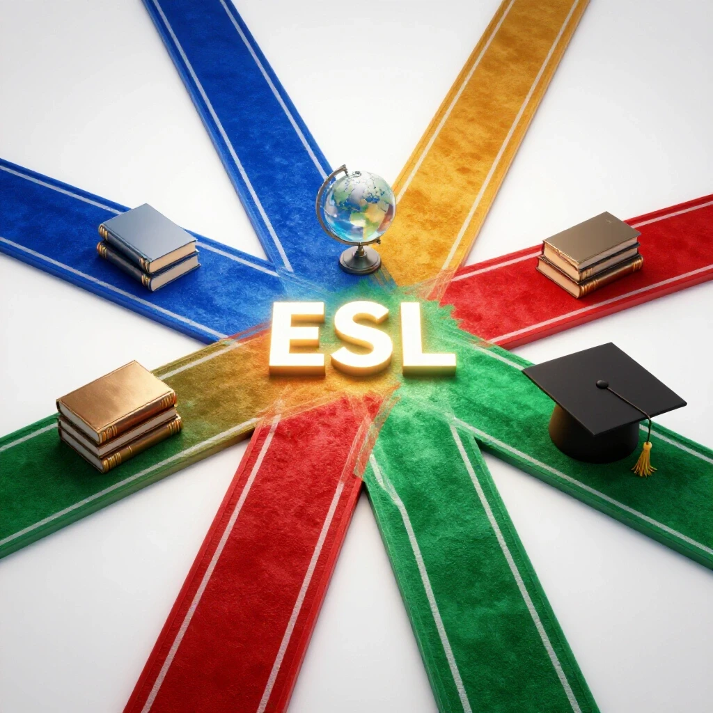 Colorful, illuminated crossroads with symbolic objects representing different ESL support models on glossy paths.