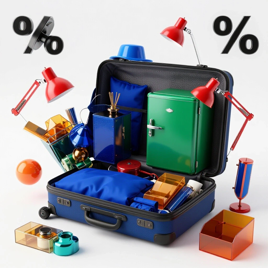 Open suitcase overflowing with vibrant college dorm essentials like bedding, mini fridge, lamp, and organizers.
