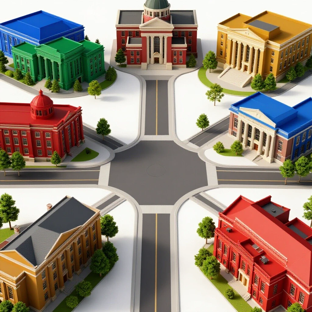 A crossroads leading to multiple vibrant college buildings, each radiating a distinct color, representing diverse academic choices.