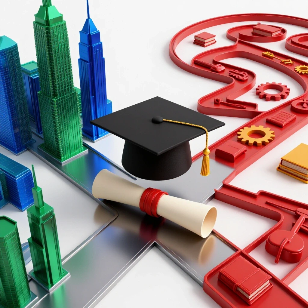 A diploma and academic cap at a crossroads with paths to a city skyline and academic maze on a bright background.