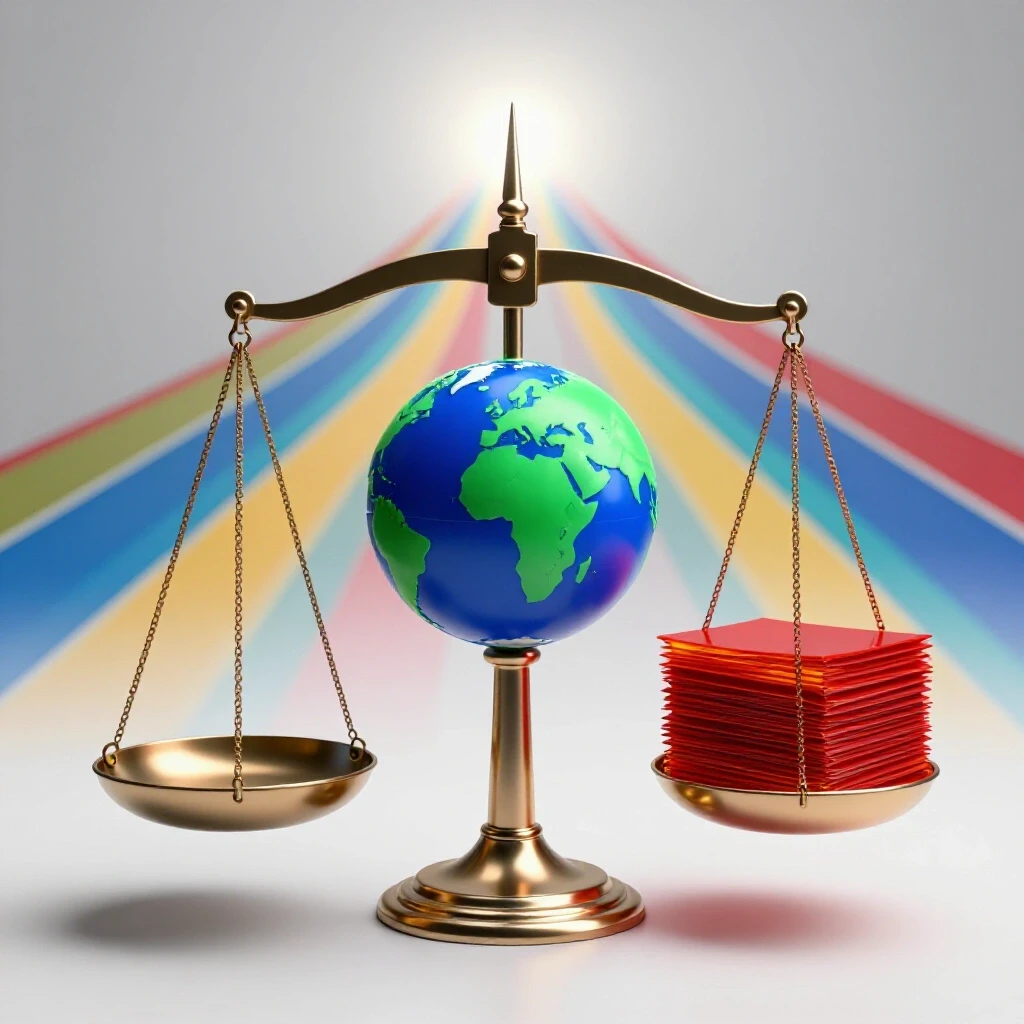 Balanced scale weighing a glowing globe against a stack of diplomas, with career pathways converging to a bright horizon.