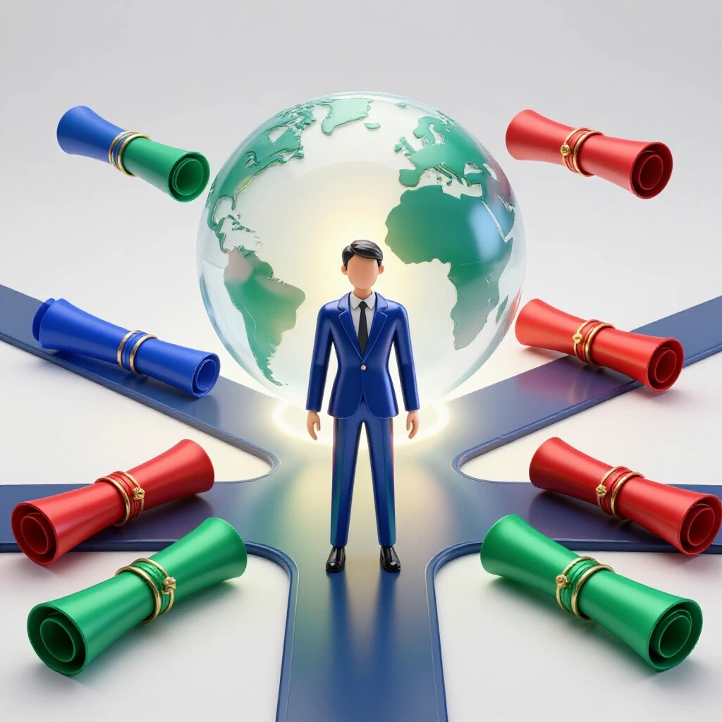 Abstract professional at a crossroads examines a glowing globe with colorful diploma scrolls orbiting it.