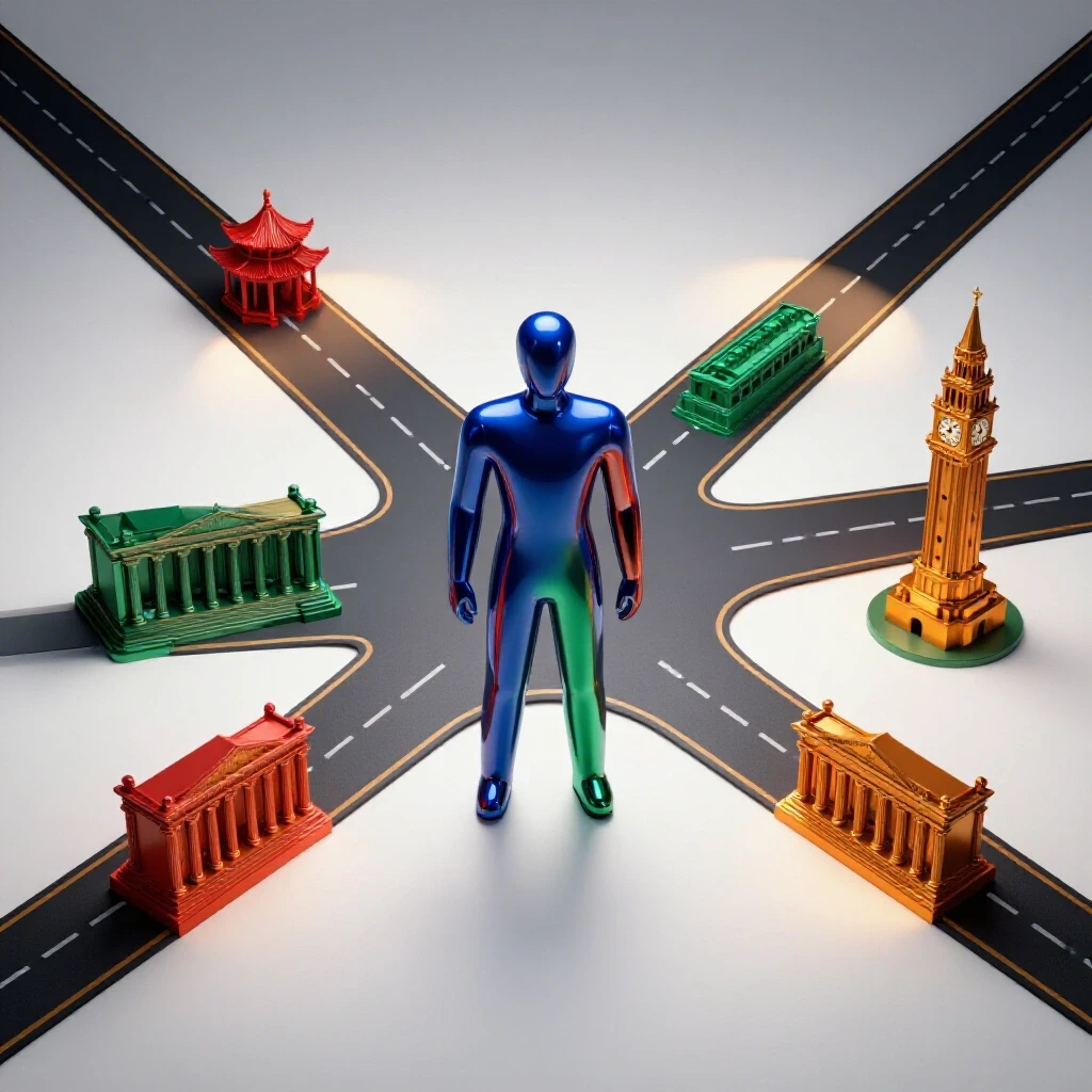 Abstract figure at a crossroads lined with vibrant international university landmarks under spotlights symbolizing global degree pathways.