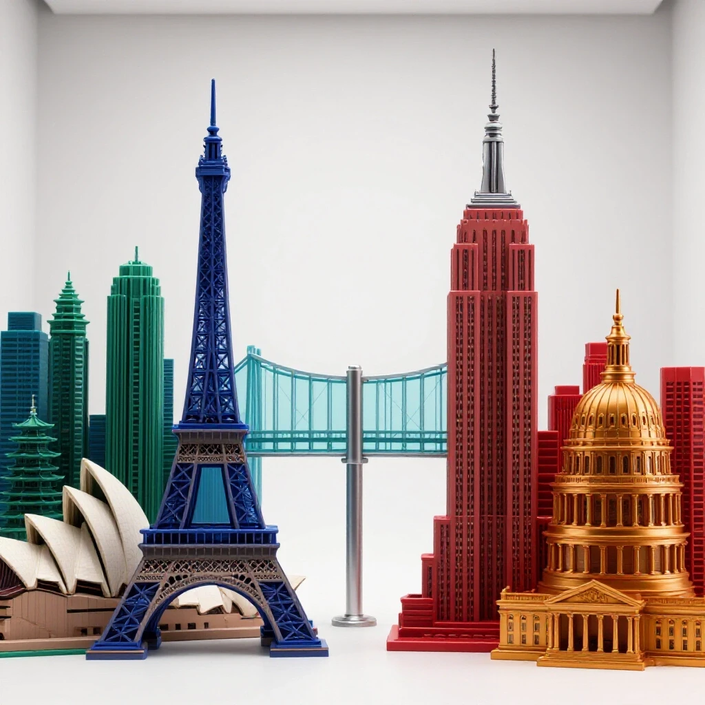 Vivid cityscapes with international and U.S. landmarks linked by a central symbolic bridge on a bright background.