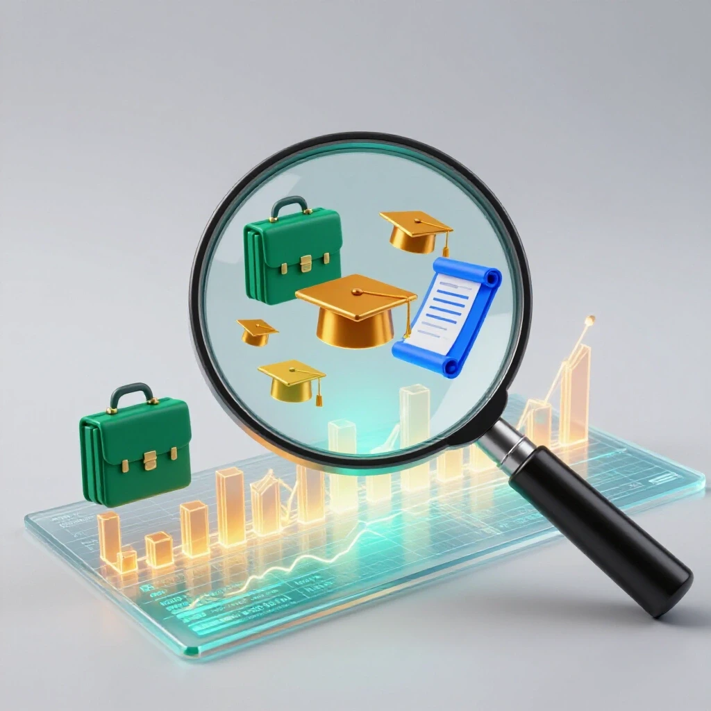 A magnifying glass inspects a glowing data chart with briefcase and graduation cap icons emerging from the analyzed data, all set on a luminous white background.