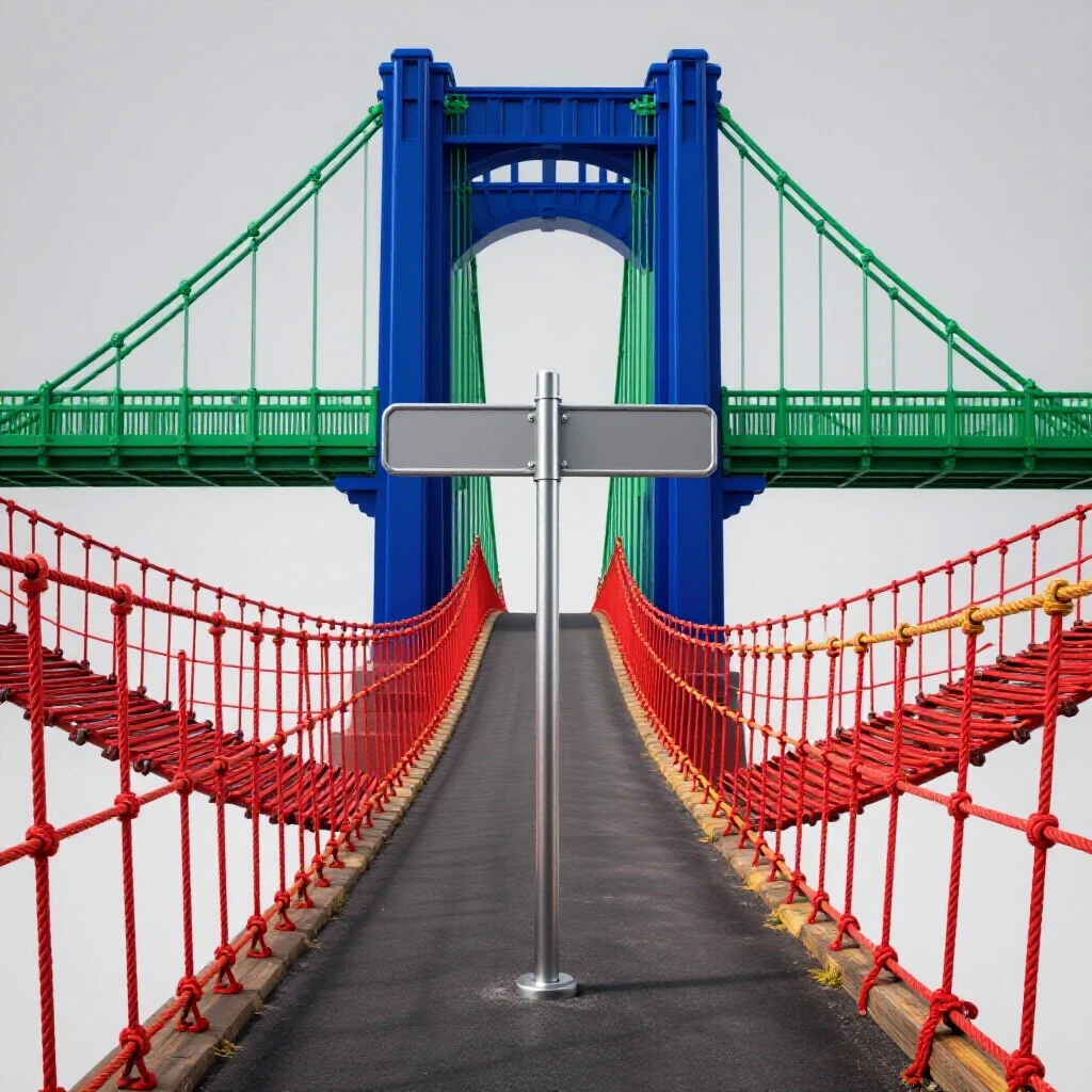 A metallic signpost at a crossroads with one stable, glossy bridge and one unstable rope bridge under bright lighting.