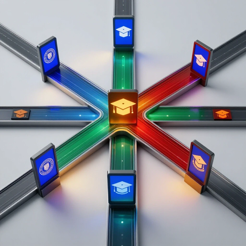 Crossroads lined with vibrant digital screens displaying university symbols and graduation caps on a bright studio background.