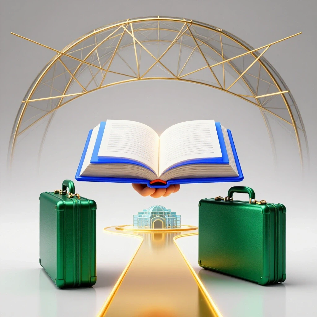 A glowing study book and emerald briefcase on a glossy surface with a golden path leading to a distant achievement building.