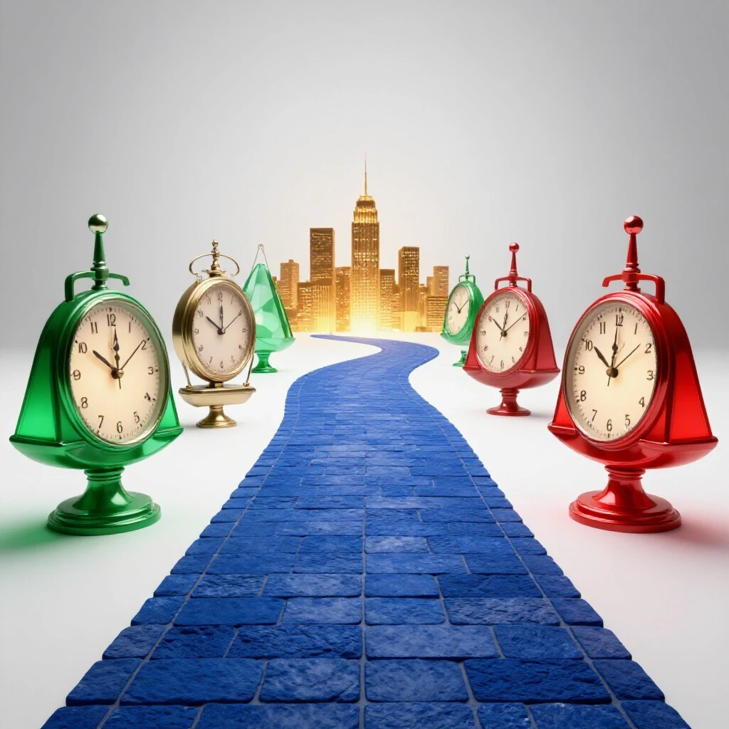 Glossy blue pathway lined with clocks and scales leads toward glowing city lights in a bright studio scene.