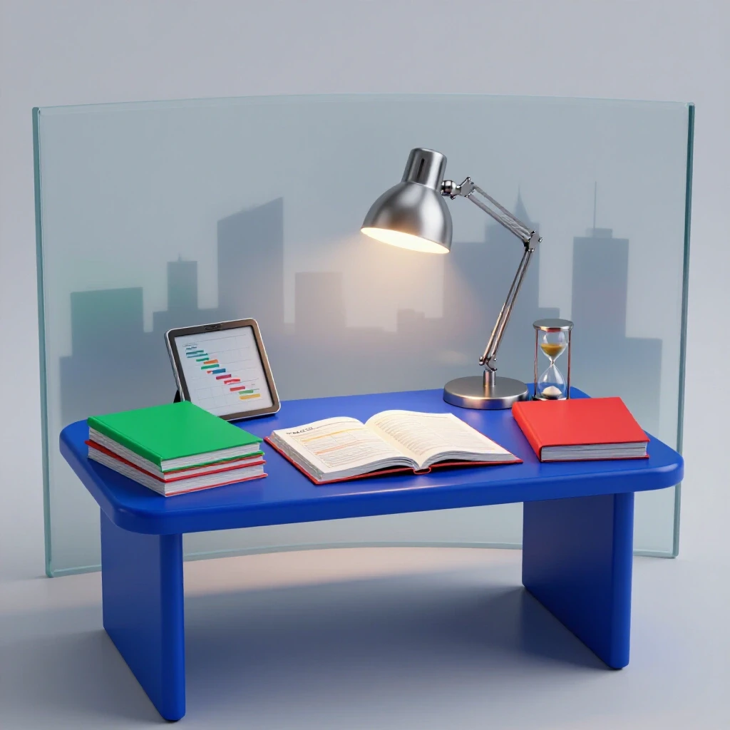 Glossy blue desk with study materials and project tools under a warm lamp, cityscape in background.