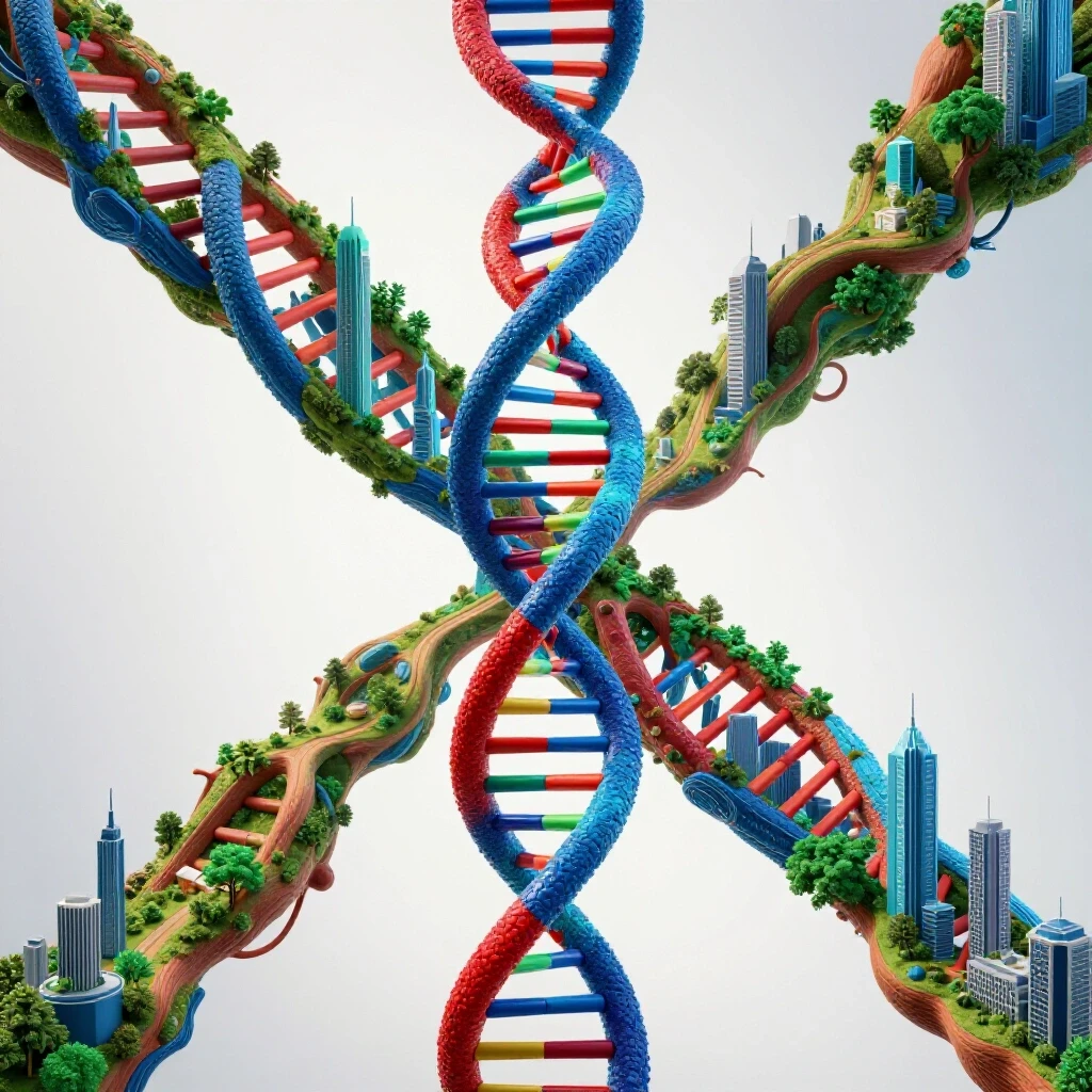 A vivid DNA helix transforms into branching paths leading from a primitive landscape to modern cityscapes, symbolizing career evolution.
