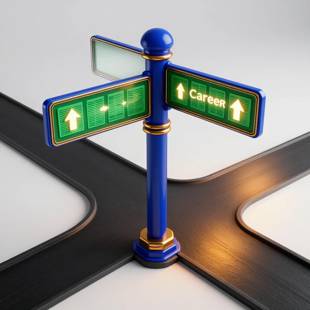 Colorful signpost at crossroads with glowing green spreadsheets and upward arrows symbolizing Excel certification and career growth.