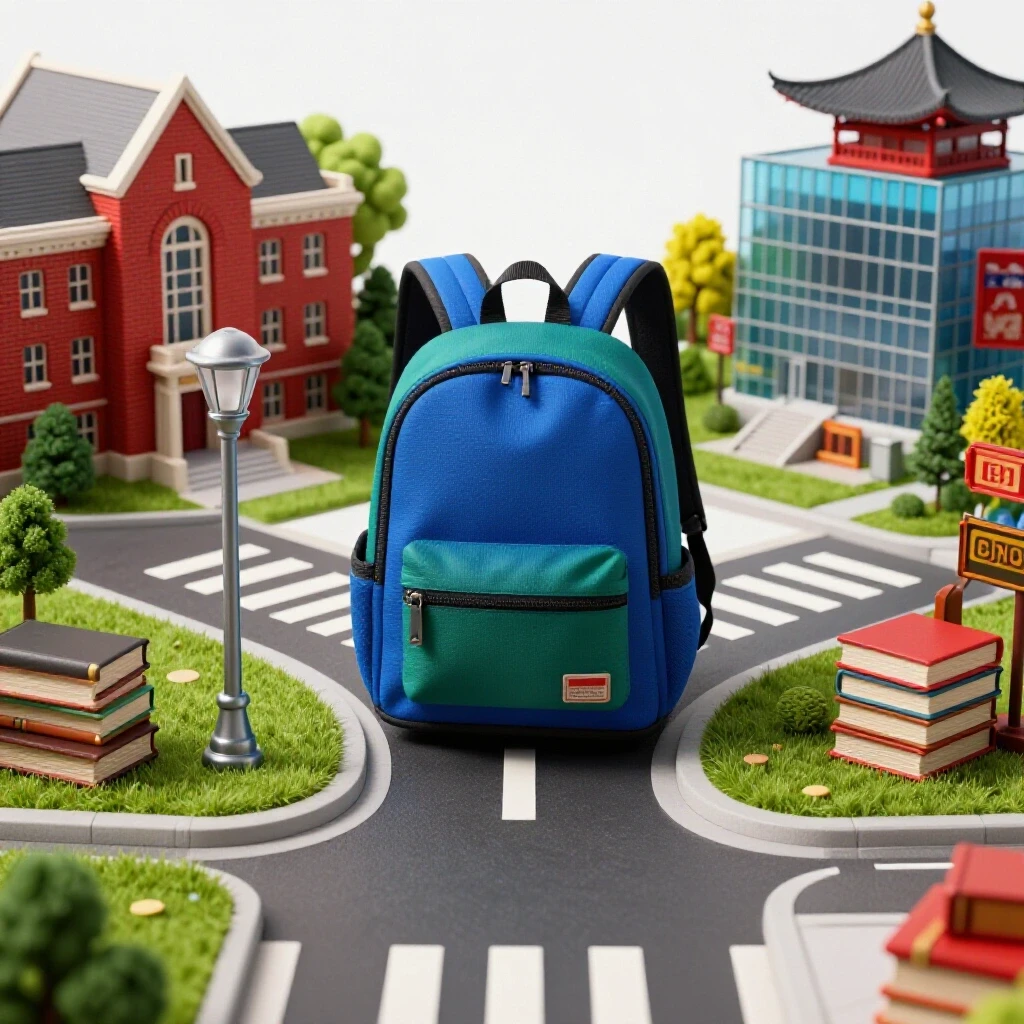 Backpack at a crossroads between a classic university scene and a vibrant foreign cityscape