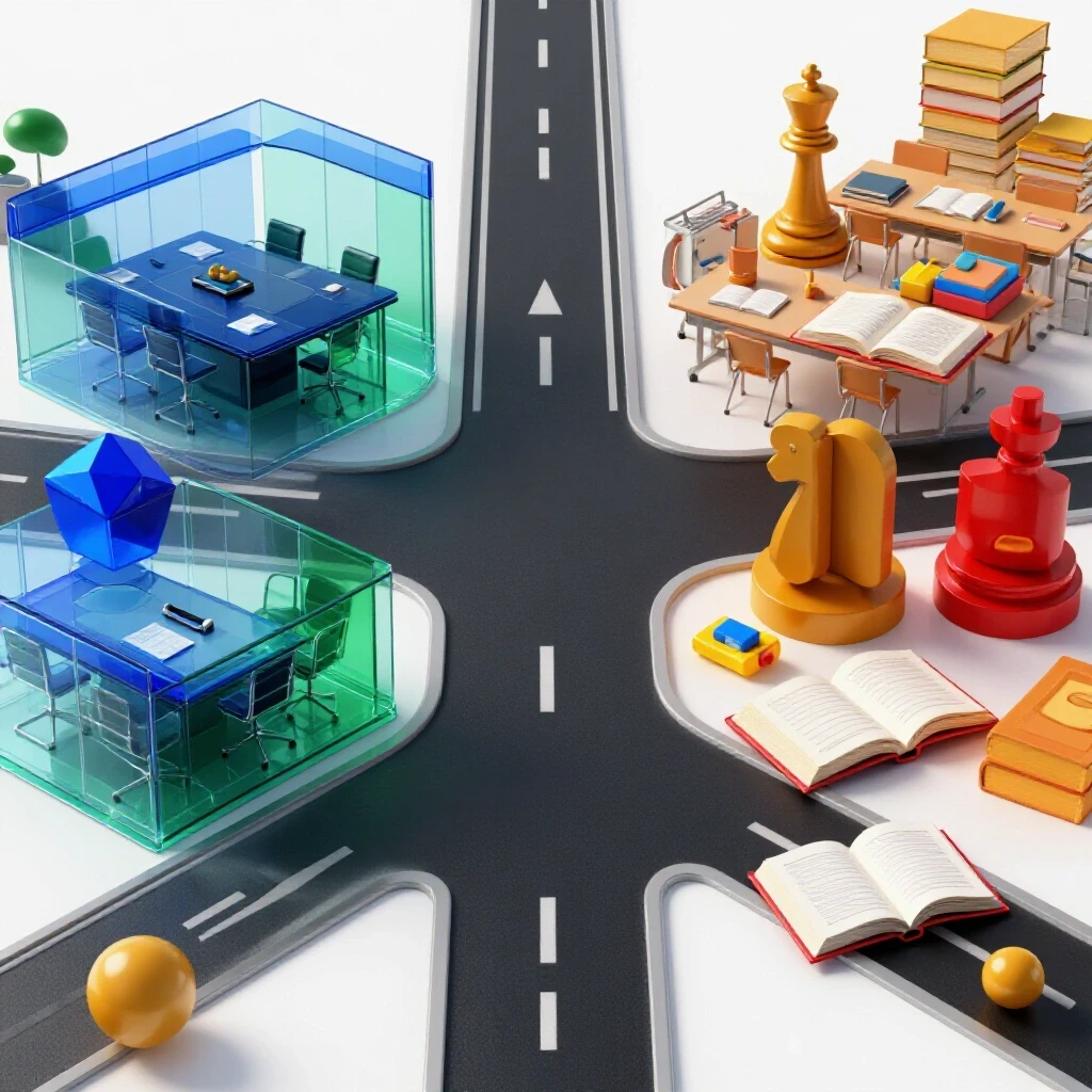 A crossroads with symbolic boardroom objects on one path and academic classroom items on the other, illuminated on a bright background.