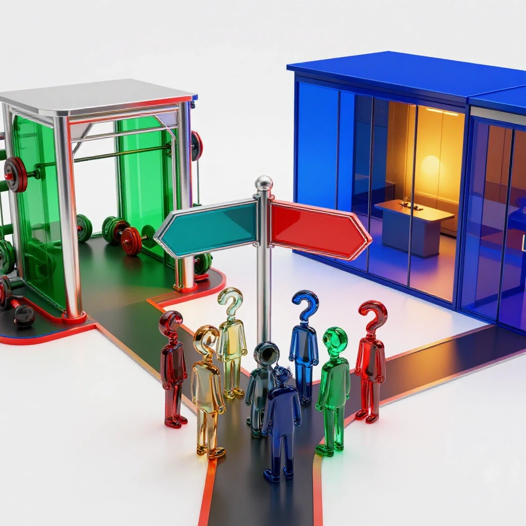 Vivid scene of a crossroads with gym and office pathways, signposts, and surprised abstract figures