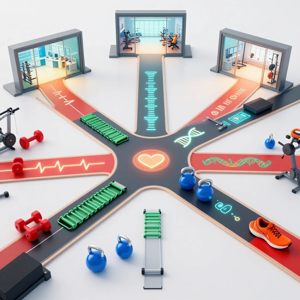 Colorful crossroads with exercise gear and health symbols leading to diverse, bright workspaces on a clean background.