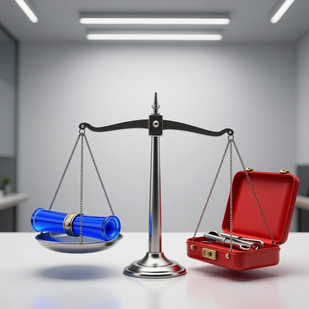 A modern metallic balance scale in a bright workspace, with a glowing blue diploma on one side and a red portfolio of tools on the other, both equally weighted.