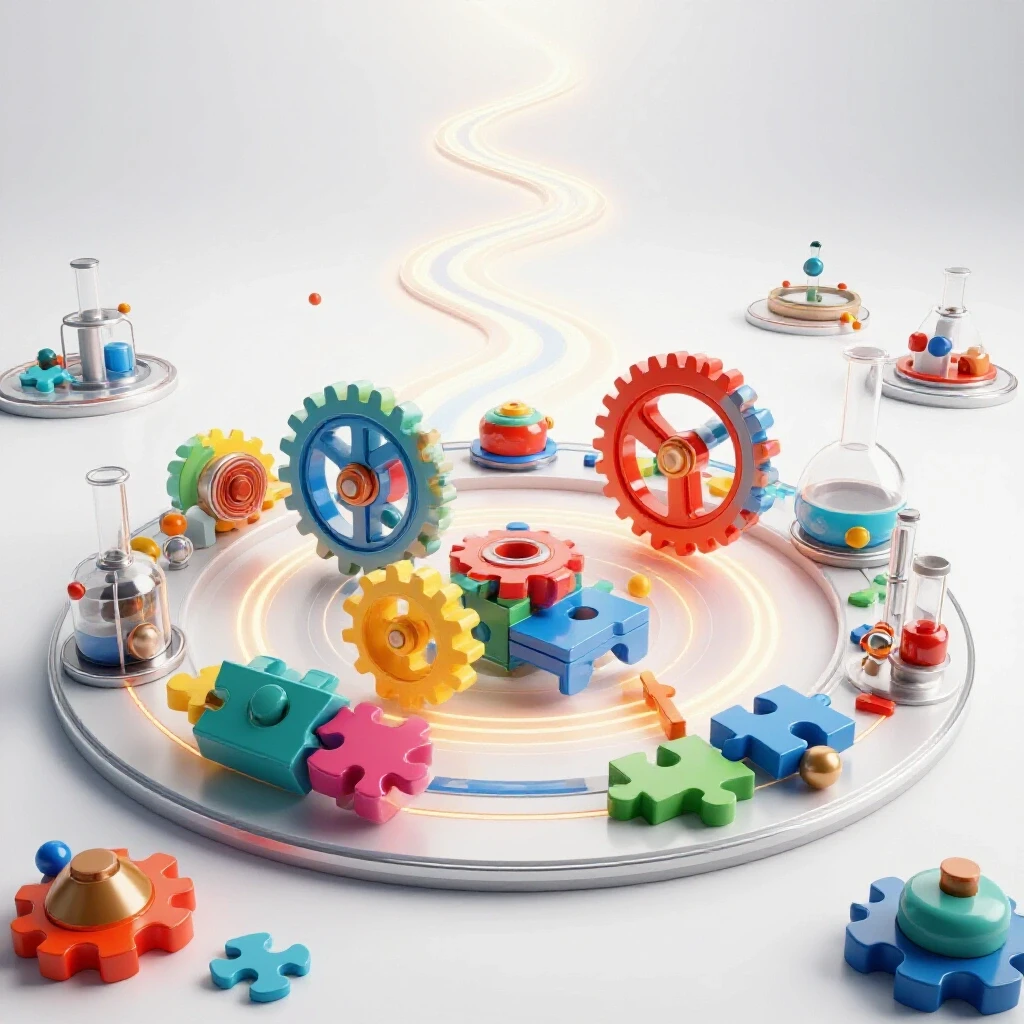 A central cluster of colorful hands-on learning objects and tools on a bright background, with abstract pathways leading forward.