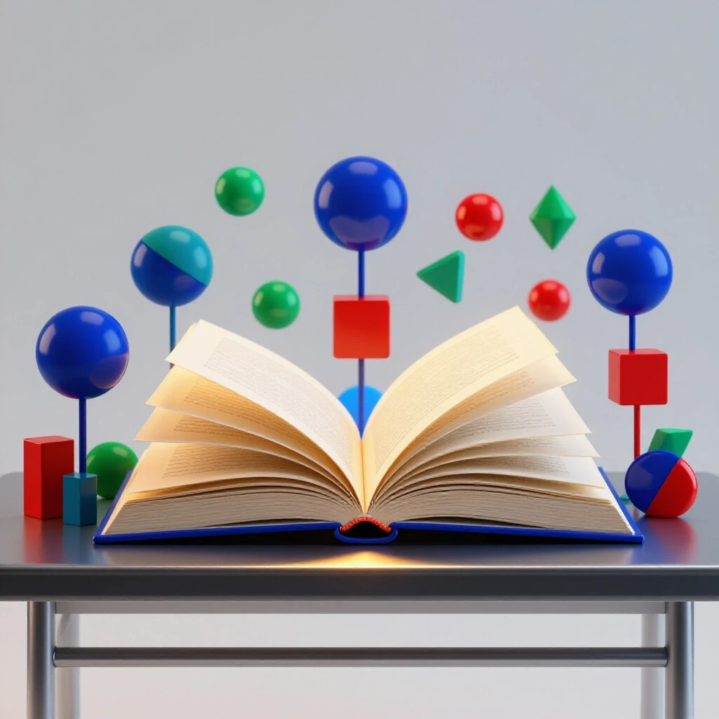 Open book on a metallic desk, surrounded by colorful geometric shapes under bright studio lighting, symbolizing review and discovery.