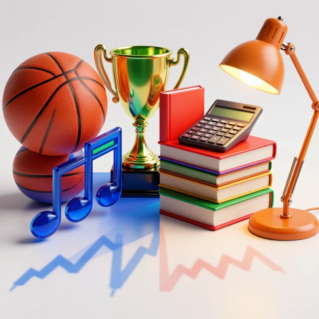Split scene with vibrant sports and music symbols beside stacked textbooks, both casting upward financial graph shadows on a bright studio background.