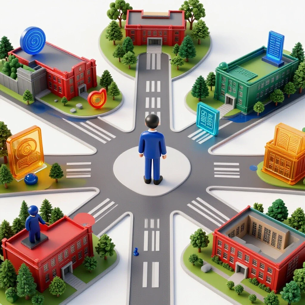 Student figure at crossroads with vibrant academic paths and mentor symbols in a bright campus setting.