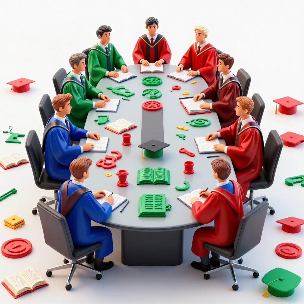 A vivid conference table with academic robes on one side and student symbols on the other, illustrating governance impact.