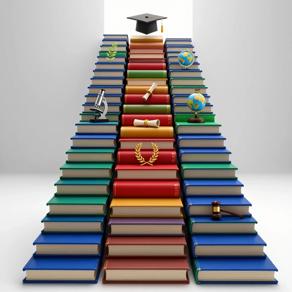 Vibrant book staircase with academic symbols ascending into a bright sky, symbolizing faculty rank progression.