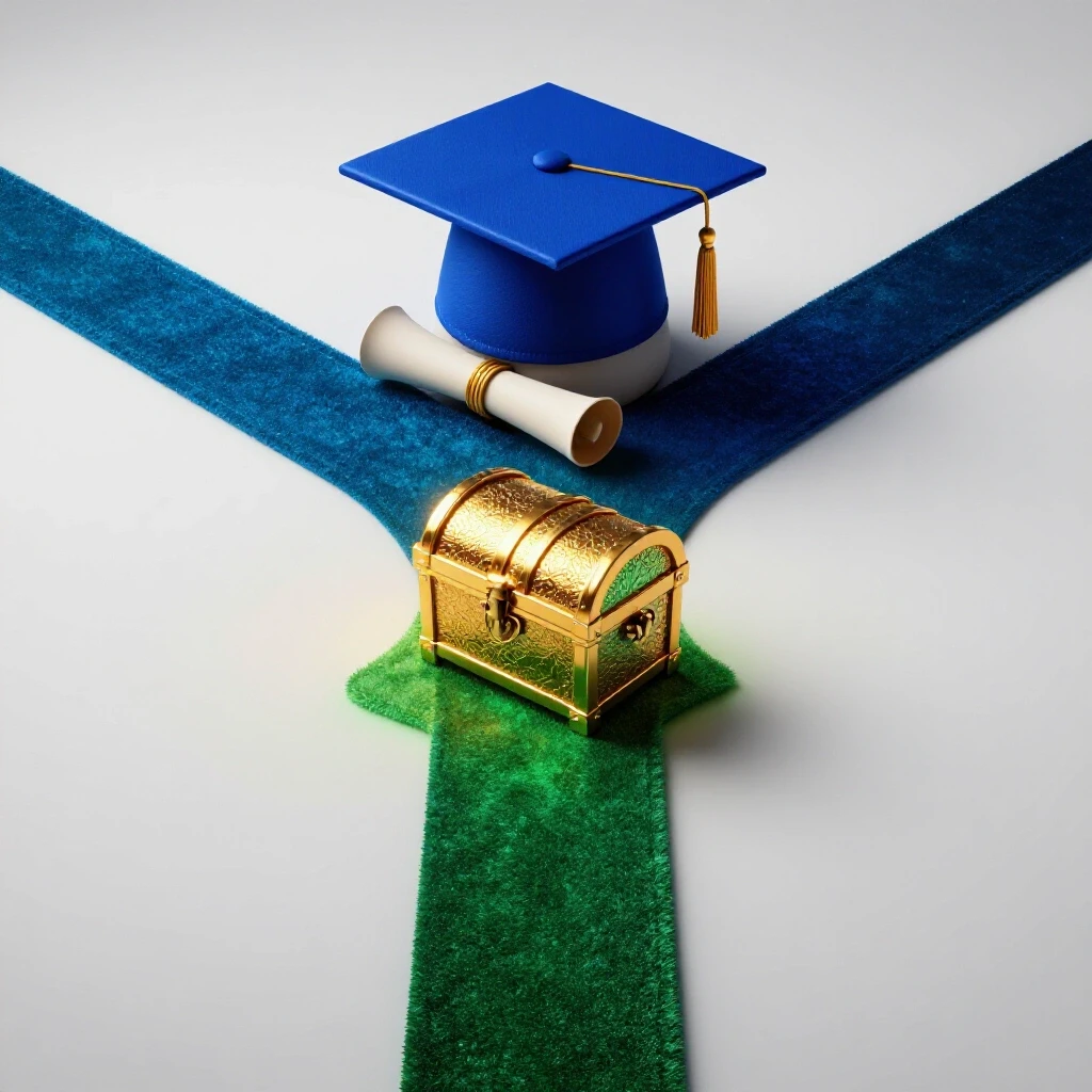 A graduation cap and scroll at a crossroads with one path leading to a glowing treasure chest and another fading into shadow.