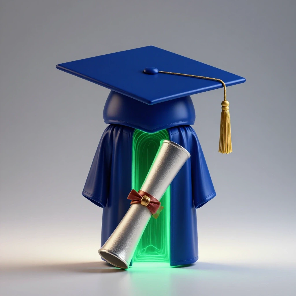 A graduation cap and gown with a glowing portal hidden behind a diploma on a bright white background