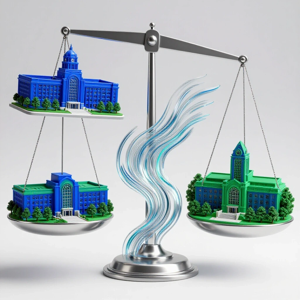 Vivid 3D split scene of two contrasting colleges balanced on a tilting scale with swirling dynamic forms between.