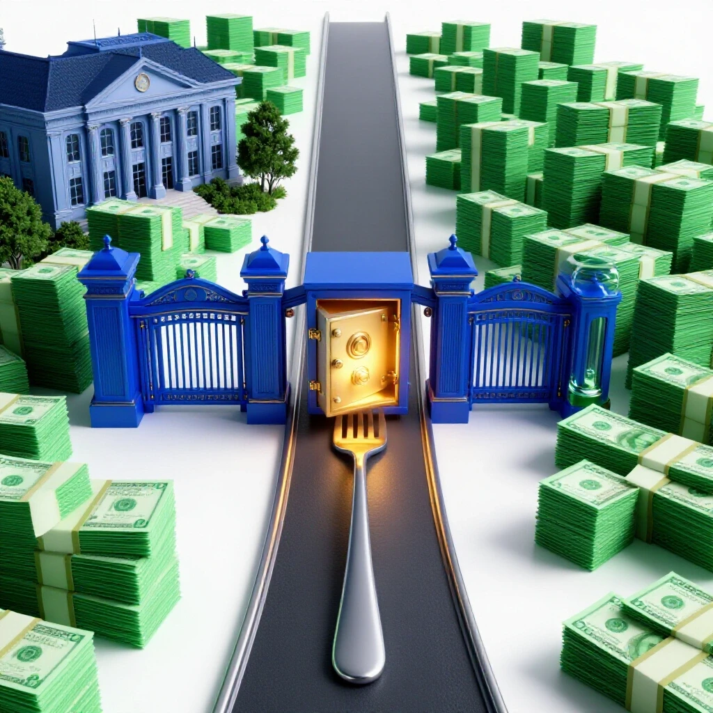 Forked path leading to a university gate and stacks of cash, with a glowing open safe between them.