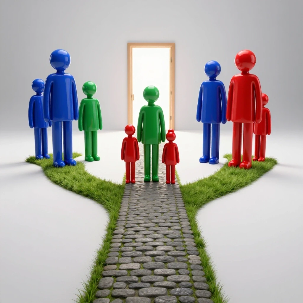 Three colorful family groups stand at different branching paths, all leading toward a glowing opportunity doorway.