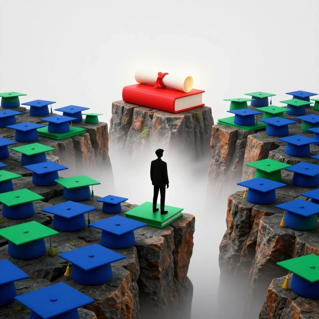 Student figure stands on cliff of graduation caps, facing foggy gap toward glowing diploma on distant peak