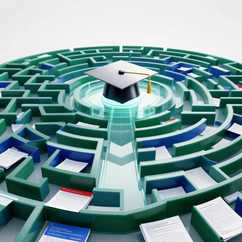 A maze of colorful paperwork and forms transitions into a clear path leading to a glowing graduation cap.