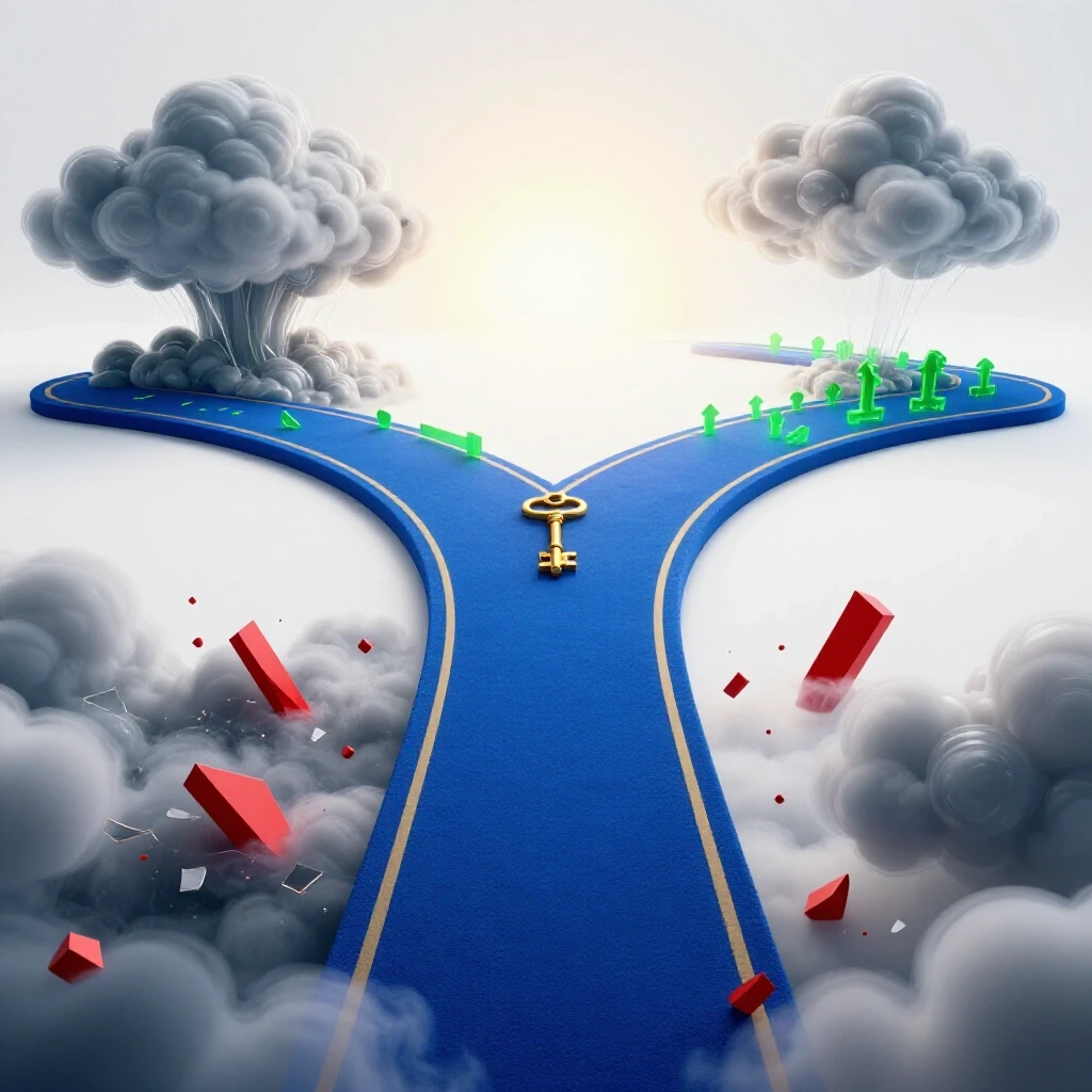 Two diverging paths—one facing stormy clouds and obstacles, the other leading into bright sunlight and opportunity.