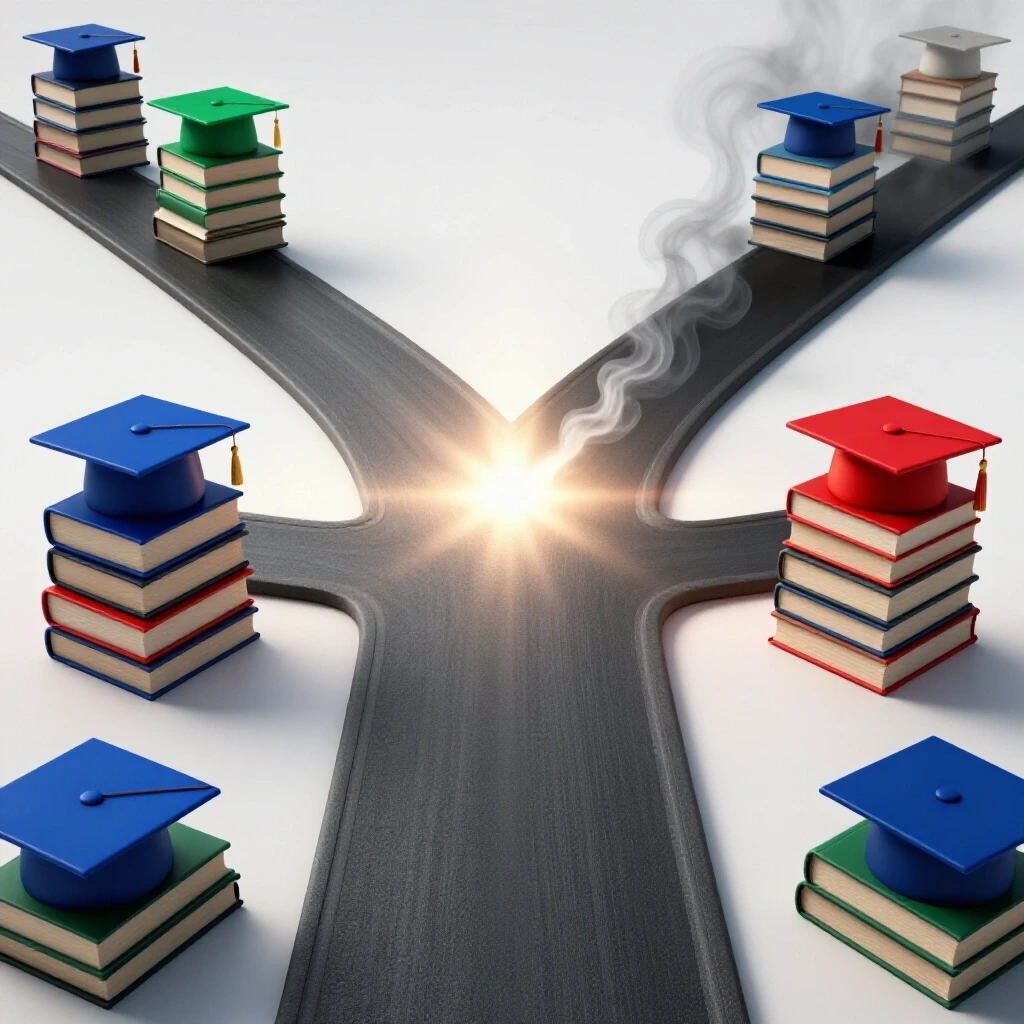 A crossroads scene with two diverging paths: one bright and filled with books and graduation caps, the other shadowy with a diploma fading into smoke, set against a luminous background.