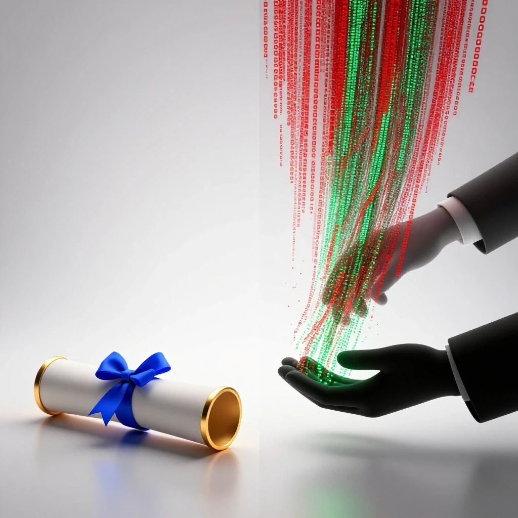 Left side shows a glowing authentic diploma, right side a dissolving fake diploma in digital code, split scene.