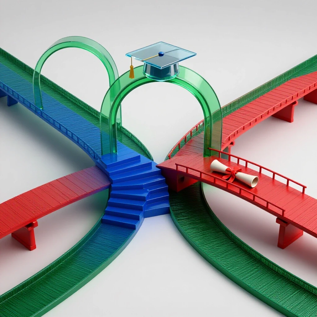 Split scene with two divergent student paths—one stable and family-supported, the other challenging and solo—symbolized by richly colored 3D objects on a bright background.
