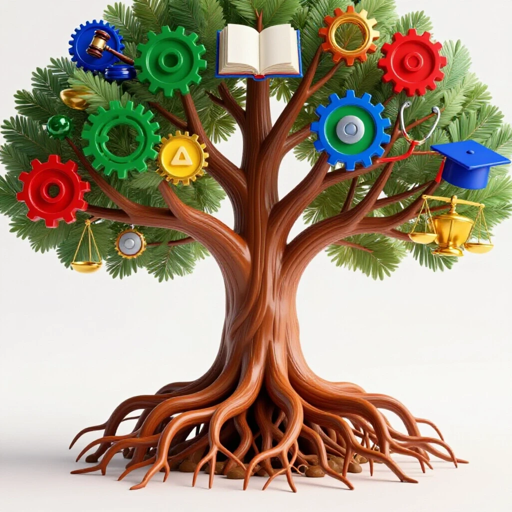 A vibrant branching tree with career symbols on roots and branches, on a bright white background.
