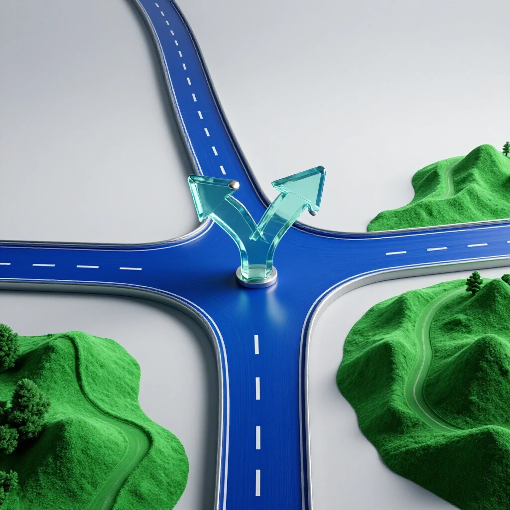 A bold crossroads with a straight blue expressway and winding green scenic path, dotted with abstract direction markers.