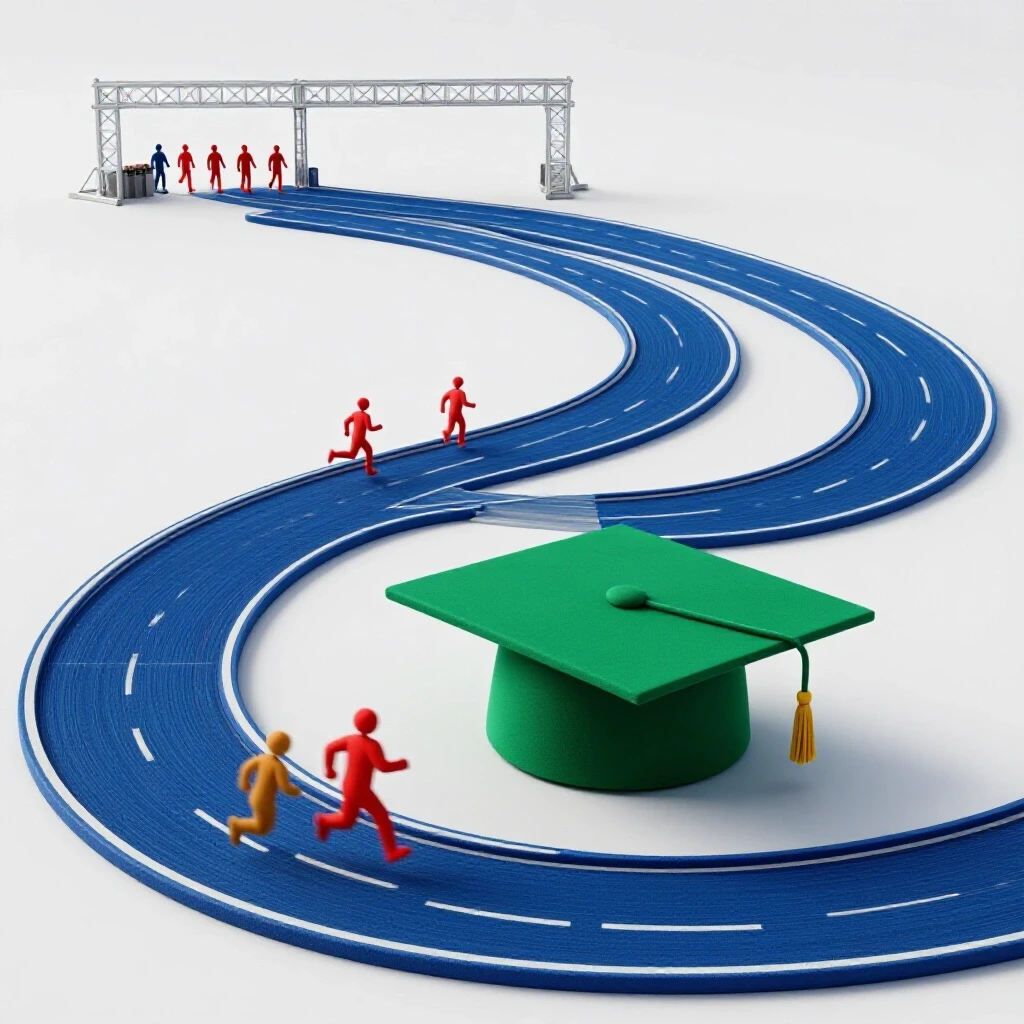 A vibrant racetrack morphs into a graduation cap as colorful figures race toward the finish under bright lighting.